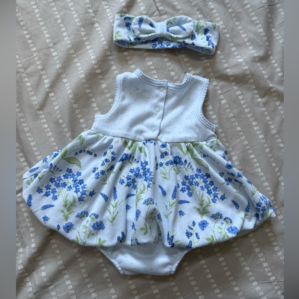 Little Me Light Blue Onesie dress with matching bow - Picture 2 of 4